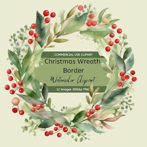 Watercolor Christmas Wreath Holly & Berries Clipart PNG. Christmas Circular Border. Transparent Background. Xmas painting. Commercial Use.
