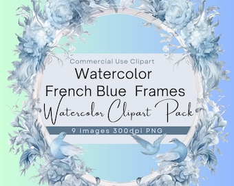 French Blue Frame Clipart, Toile Border Clipart, Watercolor Blue Floral Frame Clip Art, Ornate Baroque Border PNG, Vintage Blue Rococo Frame