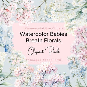 Clipart di alito dei bambini ad acquerello. Piccoli bouquet floreali. Alito dei bambini. Rosa tenue, azzurro, bianco. Mini fiori e foglie. Clipart di nozze.