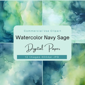 Elegante marineblauwe en salie aquarel digitaal papier, blauwgroene wassing texture pack clipart, donkerblauwe groene achtergrond illustraties.