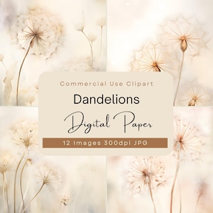 Paardebloem aquarel digitaal papier, zachte beige achtergrond, botanische natuur kunst, minimaal bloemdessin, Texture Pack, Instant Download JPG