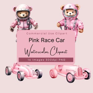 Clipart z różowym samochodem wyścigowym, akwarelowe urocze samochody wyścigowe i misie, clipart dla dziewczynki, na baby shower, zaproszenia urodzinowe, do scrapbookingu, PNG.