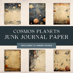 Może przedstawiać: Papier do junk journal Cosmos Planets z 12 stronami wewnętrznymi. Obraz przedstawia sześć arkuszy papieru o estetyce vintage. Każdy arkusz zawiera akwarelowe ilustracje planet, gwiazd i galaktyk w odcieniach brązu, błękitu i pomarańczy.