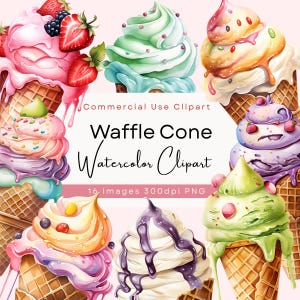 Waffle Cone Drip Clipart, Cute Watercolor Ice Cream Clip Art, Kawaii Summer Dessert, Digital Download for Junk Journals, Scrapbook, Stickers
