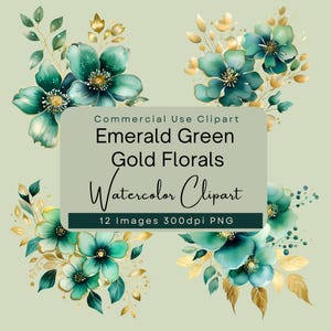 Clipart de flores verde esmeralda e douradas PNG, buquê de flores em aquarela, ilustração botânica para scrapbooking, diários de insumos e convites.