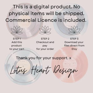 May include: Digital product information graphic with vinyl record design elements. Text includes instructions: Add to cart, checkout, and download from Etsy. The phrase "Lotus Heart Design" is also featured.