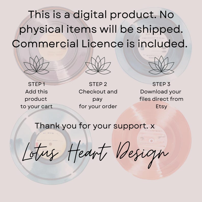 May include: Digital product information graphic with vinyl record design elements. Text includes instructions: Add to cart, checkout, and download from Etsy. The phrase "Lotus Heart Design" is also featured.