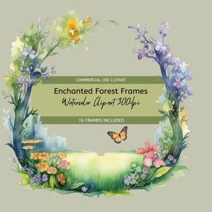 Aquarell verzauberter Wald Rahmen Clipart, magischer Wald, Fairy Garden, kreisförmige Bordüre, niedliche Schmetterlinge, Blumen und Bäume. 300 dpi PNGs.