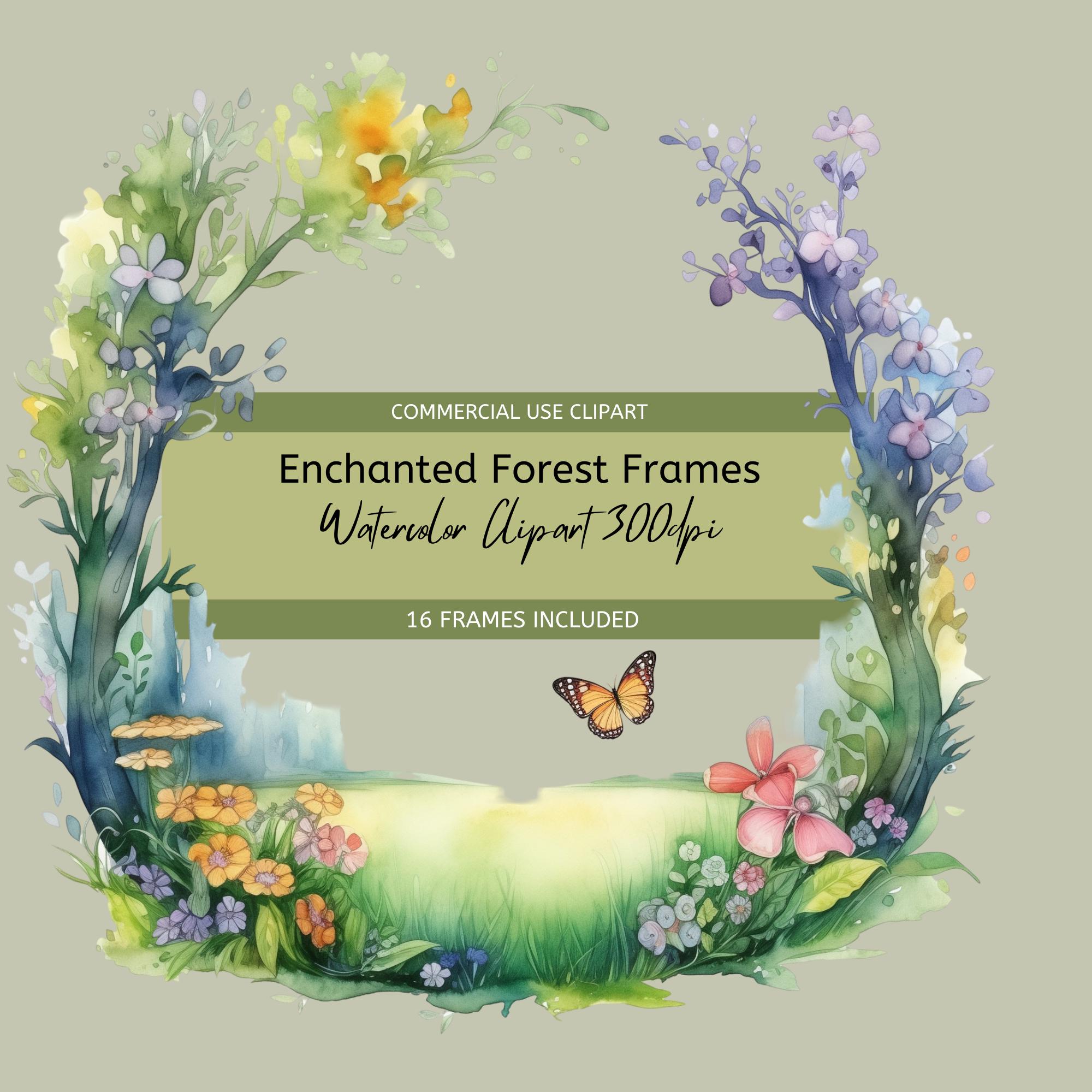Watercolor Enchanted Forest Frame Clipart, Magical Woods, Fairy Garden ...