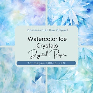 Könnte beinhalten: Ein digitales Papierpaket mit 16 Aquarell-Eis-Kristall-Designs. Die Designs sind in Blautönen und Weiß gehalten, mit einem dezenten Glitzereffekt.  Kommerzielle Nutzung erlaubt. Aquarell Eis Kristalle Digitales Papier. 16 Bilder 300dpi JPG.