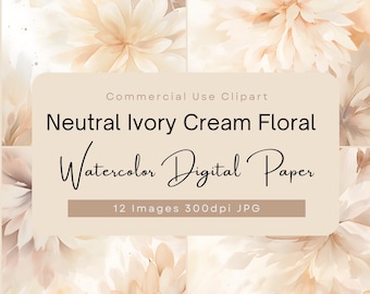 Beige Floral Watercolor Digital Paper Ivory flowers Texture Pack clipart for Scrapbooking, Invitations, Backgrounds, and Stationery.
