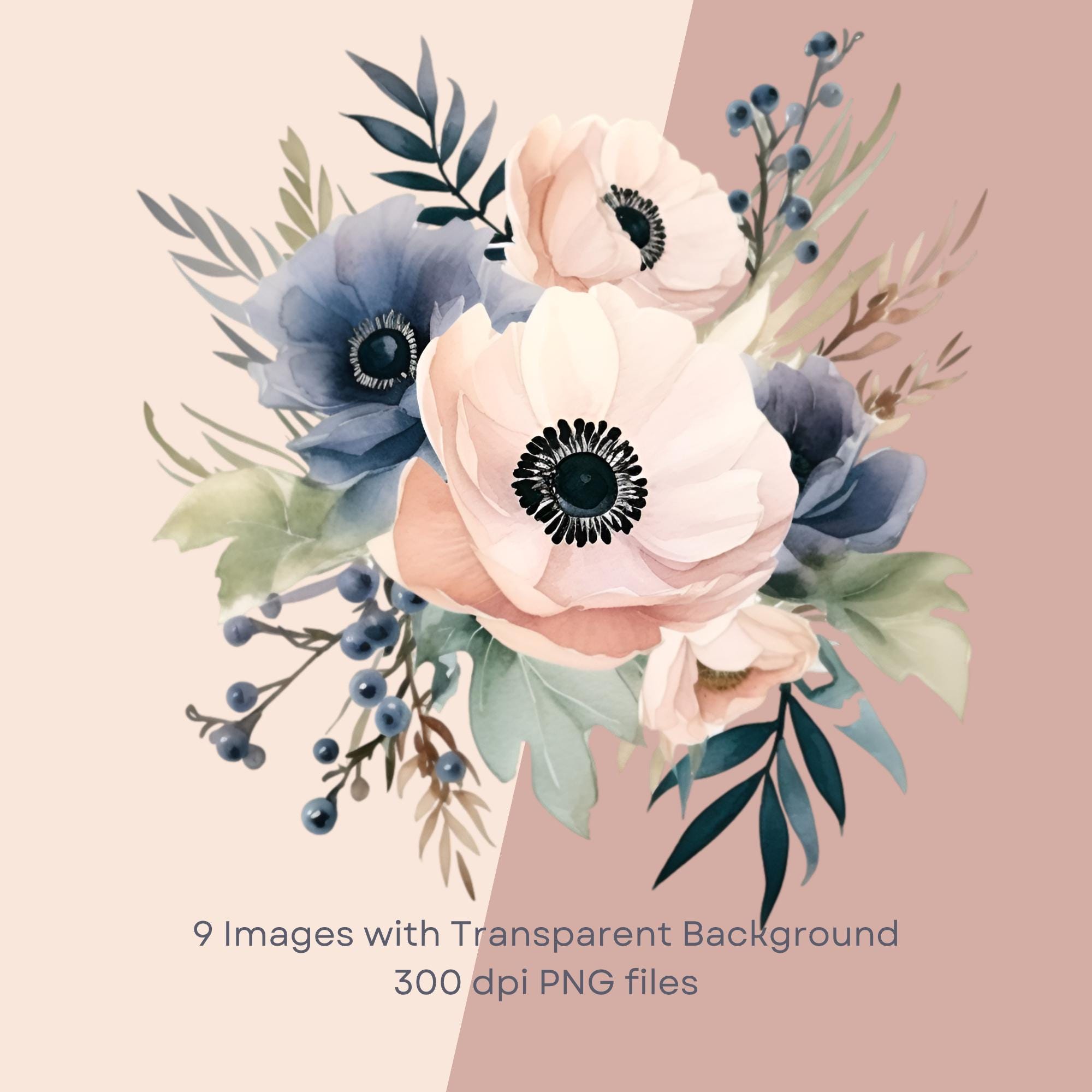 Navy & Blush Watercolor Floral Clipart, Pink and Blue Flower Bouquet ...