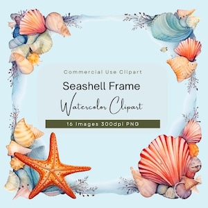 Seashell Border Clipart, Ocean Coral Frame Clip Art, Starfish & Shell Wreath, Coastal Beach Nautical Scrapbook PNG Transparent Background.