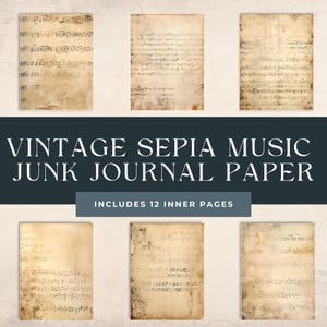 Pagina di diario con spartiti musicali vintage, texture di sfondo stampabile con effimeri invecchiati, clipart di carta digitale invecchiata per journaling e scrapbooking.