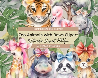 Zoo Animal with Bow PNG Zoo Animals with Bows Clipart Cute Baby Animals Safari Instant Download Digital Download Commercial Use 300dpi PNG