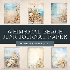Papel de diario basura de playa caprichoso, papel digital bajo el mar, paquete de texturas, arena, mar, estrellas de mar, conchas para álbumes de recortes y fondos.