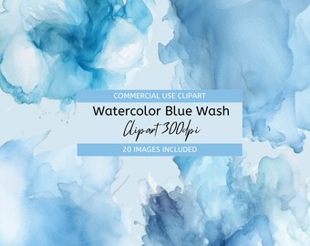 May include: A digital download of 20 watercolor blue wash clipart images, perfect for adding a touch of elegance to your designs.  The images are 300 dpi and are for commercial use.