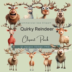 May include: A set of 10 quirky reindeer clipart images in various poses. The reindeer are illustrated in a cartoon style with bright colors and expressive faces. The images are perfect for adding a whimsical touch to your digital projects.