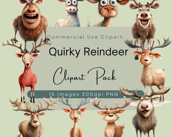 Schräge Rentier Cliparts, lustiger Hirsch Clip Art, süsse Elch Illustrationen, lustige Weihnachts-Design-Elemente für Party-Einladungen und Weihnachtsschmuck.