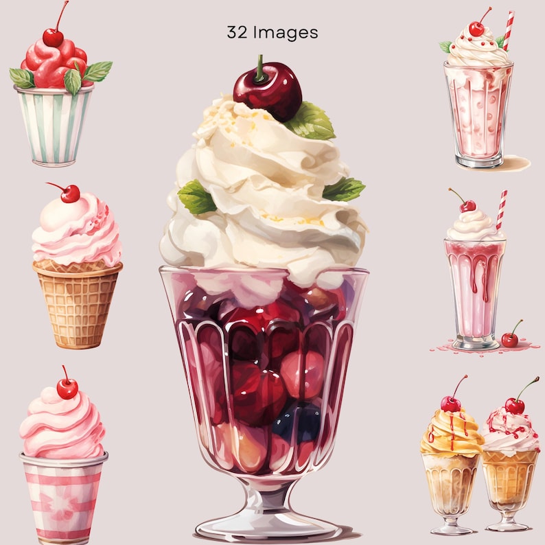 May include: Watercolor illustration of various desserts, including ice cream cones, sundaes, and milkshakes, all topped with cherries. The image features a variety of colors, including pink, red, and white, with the text "32 Images" at the top.