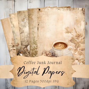 Papel digital vintage para café, clipart de fundo de diário de lixo, álbum de recortes rústico envelhecido com manchas de chá para impressão, estética de itens antigos efêmeros.