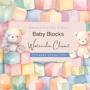 Aquarell Baby Blöcke Clipart, Neugeborene Baby Spielzeug Clip Art, Baby-Dusche, Soft Stacking Spielzeug Illustration, Kindergarten Scrapbooking Pastell Farbe.