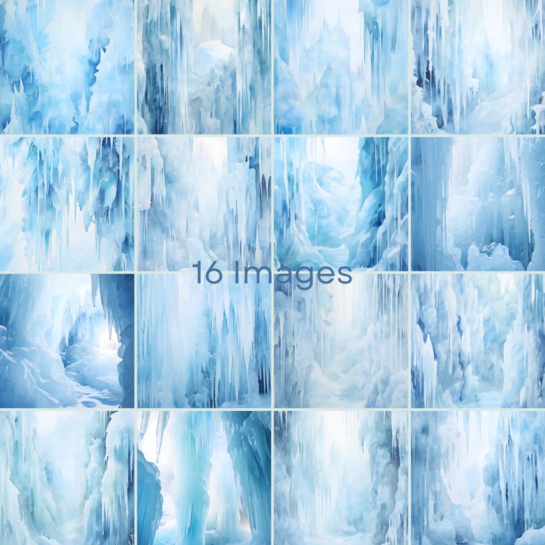 K&ouml;nnte beinhalten: Eine Collage aus 16 Bildern, die eine Nahaufnahme einer Eish&ouml;hle mit blauen und wei&szlig;en Eiszapfen zeigen. Die Eish&ouml;hle wird von einer hellen Lichtquelle beleuchtet, was einen dramatischen Effekt erzeugt.