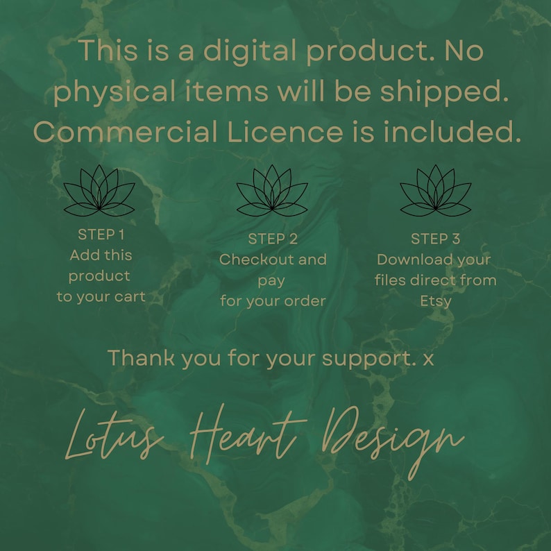 Op de afbeelding: Groene marmerachtergrond met een witte tekstoverlay die luidt "Dit is een digitaal product. Er worden geen fysieke artikelen verzonden. Een commerci&euml;le licentie is inbegrepen." Drie lotusbloemiconen met tekst onder elk icoon die luidt "STAP 1 Voeg dit product toe aan uw winkelwagen", "STAP 2 Afrekenen en betalen voor uw bestelling", en "STAP 3 Download uw bestanden rechtstreeks van Etsy". De tekst "Bedankt voor uw steun. x" staat onder de iconen. De tekst "Lotus Heart Design" staat onderaan de afbeelding.