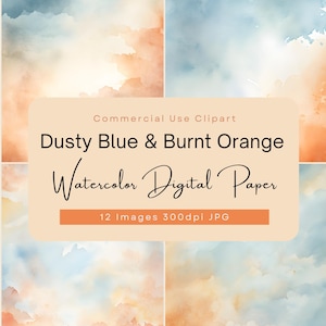 Papel digital aquarela, fundo azul empoeirado e laranja queimado, pacote de textura, clipart de design pastel abstrato para convites e artesanato