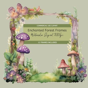 Aquarell verzauberter Wald Rahmen Clipart, magischer Wald, quadratischer Rahmen, mit niedlichen Schmetterlingen, Fliegenpilzen, Blumen und Bäumen. 300 dpi PNGs.