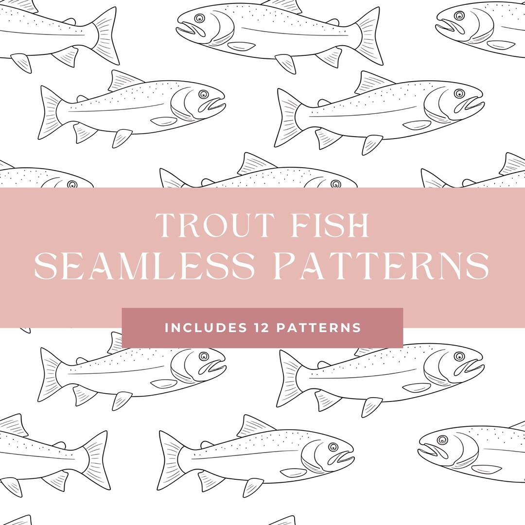 Seamless Fish Pattern Bundle, Trout Line Art Digital Paper, Black White ...
