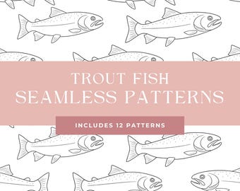Seamless Fish Pattern Bundle, Trout Line Art Digital Paper, Black White Fishing Background, Scrapbooking.