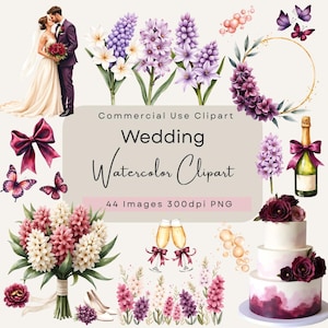 DIY Wedding Stationery Clipart Pack Watercolor Flowers Frames Bows Shoes Rings Digital Paper for Invitations, Save the Date, Thank You, RSVP