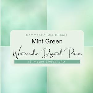 May include: A digital art image featuring a mint green watercolor design. The image includes text that reads "Commercial Use Clipart", "Mint Green", and "Watercolor Digital Paper". The image also states "12 Images 300dpi JPG".
