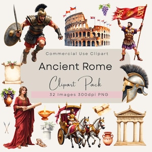 May include: Digital clipart pack featuring illustrations of Ancient Rome. Includes images of Roman soldiers, the Colosseum, a chariot, a woman in a toga, and other related elements. The text reads "Ancient Rome Clipart Pack".