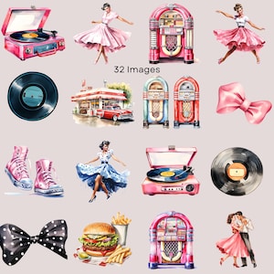May include: Watercolor illustrations of retro items and scenes. Includes a pink record player, jukeboxes, vinyl records, a diner with a red car, dancing figures, a hamburger with fries, and a polka dot bow.