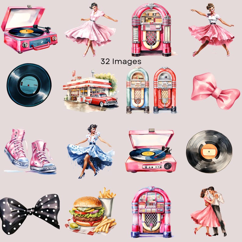 May include: Watercolor illustrations of retro items and scenes. Includes a pink record player, jukeboxes, vinyl records, a diner with a red car, dancing figures, a hamburger with fries, and a polka dot bow.