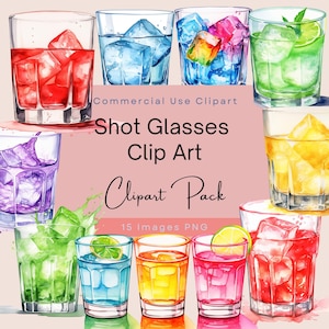 Shot glazen clipart, aquarel cocktails, felgekleurde feestdrankjes, alcoholische dranken, volwassen feest illustraties. Uitnodigingen en briefpapier