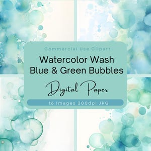 Papel digital con burbujas de acuarela en color verde azulado. Paquete de texturas verde y azul, fondo turquesa, patrón abstracto azul, clipart de círculos verdes.