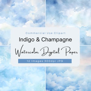 Papel digital aquarela azul, pacote de textura champanhe índigo, plano de fundo com tema de céu nublado, lavagem pastel abstrata, folhas de scrapbook para impressão.