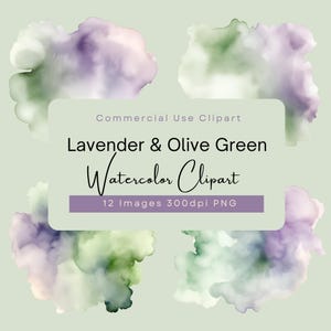May include: A set of 12 watercolor clipart images in shades of lavender and olive green.  The images are in the shape of abstract clouds or blobs.  Commercial Use Clipart. Lavender & Olive Green Watercolor Clipart. 12 Images 300dpi PNG.