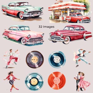 May include: Watercolor illustrations of classic cars, a diner, vinyl records, and people dancing. The cars are in shades of red, pink, and teal. The diner has a red and white awning. The records are black, blue, and orange. The image has a retro theme.