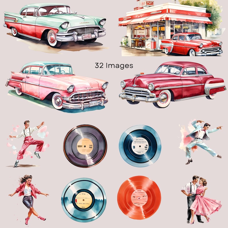 May include: Watercolor illustrations of classic cars, a diner, vinyl records, and people dancing. The cars are in shades of red, pink, and teal. The diner has a red and white awning. The records are black, blue, and orange. The image has a retro theme.