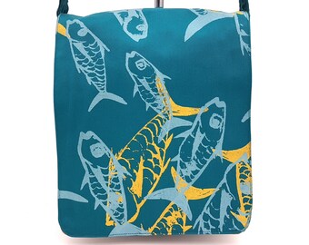 Handprinted Blue Fish Tote Bag