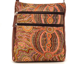 Delia, Bag, Aboriginal Art, Fabric, Australia, Ruth Nungarrayi Spencer, Goanna, Warlukurlangu Artists, NT, First Nation, crossbody, brown