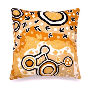 Cushion Cover, 40 cm, Wool, Aboriginal Design, Emu Story, Chainstitch, Kashmir -Australia Fair Trade, Pauline Nampijinpa Singleton, BWA