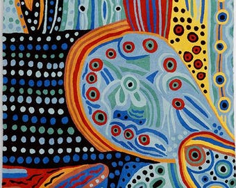 Rug, Wall Hanging, L, Aboriginal, Wool, Chainstitch, Fair Trade, Julie Woods, Two Dogs, APY Lands, Living Room, Papulankutja, Embroidered
