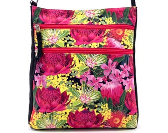 Delia, Bag, crossbody, Art, Fabric, Australia, Waratah, Wattle, Protea, Flora, Native, Flower, Women for Women Foundation, Fair Trade