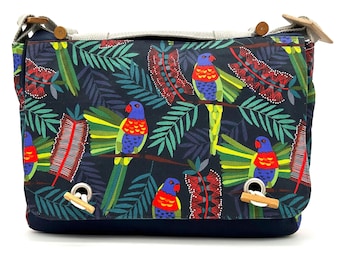 Jules Satchel - Australian, Fair Trade, Birds, Flora, Art, Fabric, Jocelyn Proust, Rosella, Messenger Bag, Crossbody, Flora