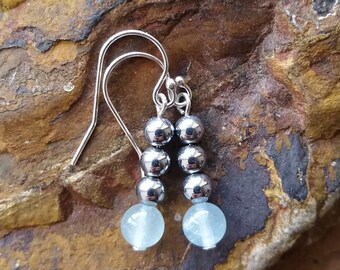 Aquamarine Earrings, Silver Hematite Earrings, Sterling Silver Drop Earrings, March Birthstone Gift, Dangly Gemstone Earrings